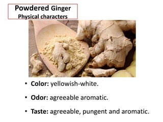 • Color: yellowish-white.
• Odor: agreeable aromatic.
• Taste: agreeable, pungent and aromatic.
Powdered Ginger
Physical characters
 