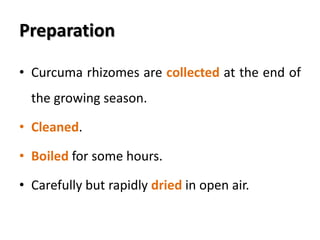 Preparation
• Curcuma rhizomes are collected at the end of
the growing season.
• Cleaned.
• Boiled for some hours.
• Carefully but rapidly dried in open air.
 