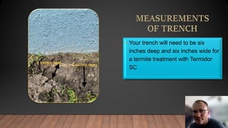 • Your trench will need to be six
inches deep and six inches wide for
a termite treatment with Termidor
SC
 