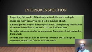 • Inspecting the inside of the structure is a little more in-depth.
• There are many areas you need to be thinking about.
• A flashlight will be you most important tool in inspecting these areas
since termite evidence can be in dark or hidden areas.
• Termites evidence can be as simple as a few specs of soil protruding
from a wall.
• Termite evidence can be as obvious as visible wall damage or
swarmers around the floor or window areas.
 