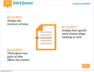 Craft & Structure           Join CUE group: R X A Q A W E V




            RL.5 & RIT.5
            Analyze the
            structure of texts
                                             RL.7 & RIT.7
                                             Analyze how speciﬁc
                                             word choices shape
                                             meaning or tone



            RL.6 & RIT.6
            Think about how
            point of view
            affects the content


Saturday, March 16, 13
 