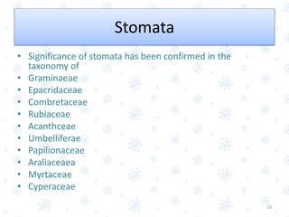 • Significance of stomata has been confirmed in the
taxonomy of
• Graminaeae
• Epacridaceae
• Combretaceae
• Rubiaceae
• Acanthceae
• Umbelliferae
• Papilionaceae
• Araliaceaea
• Myrtaceae
• Cyperaceae
10
Stomata
 
