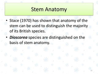 Stem Anatomy
• Stace (1970) has shown that anatomy of the
stem can be used to distinguish the majority
of its British species.
• Dioscorea species are distinguished on the
basis of stem anatomy.
14
 