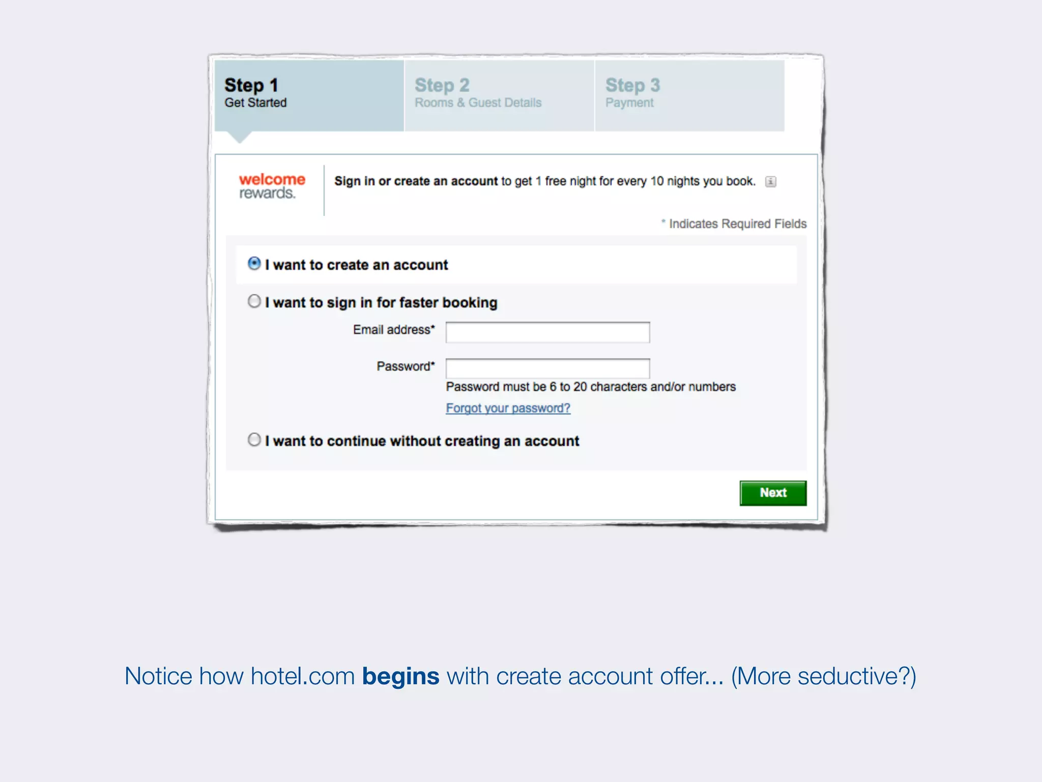 Notice how hotel.com begins with create account offer... (More seductive?)
 