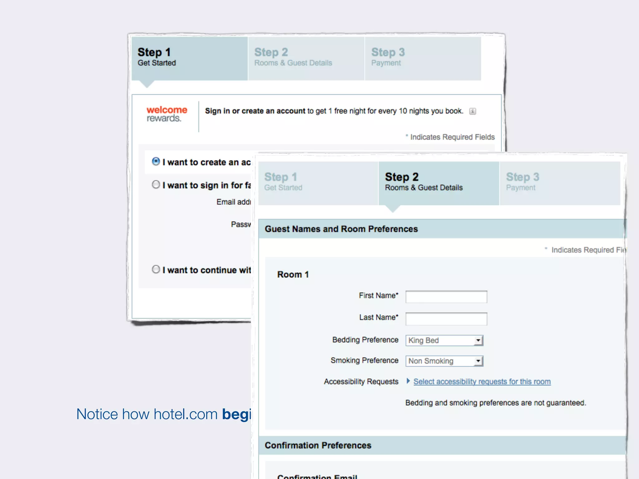 Notice how hotel.com begins with create account offer... (More seductive?)
 
