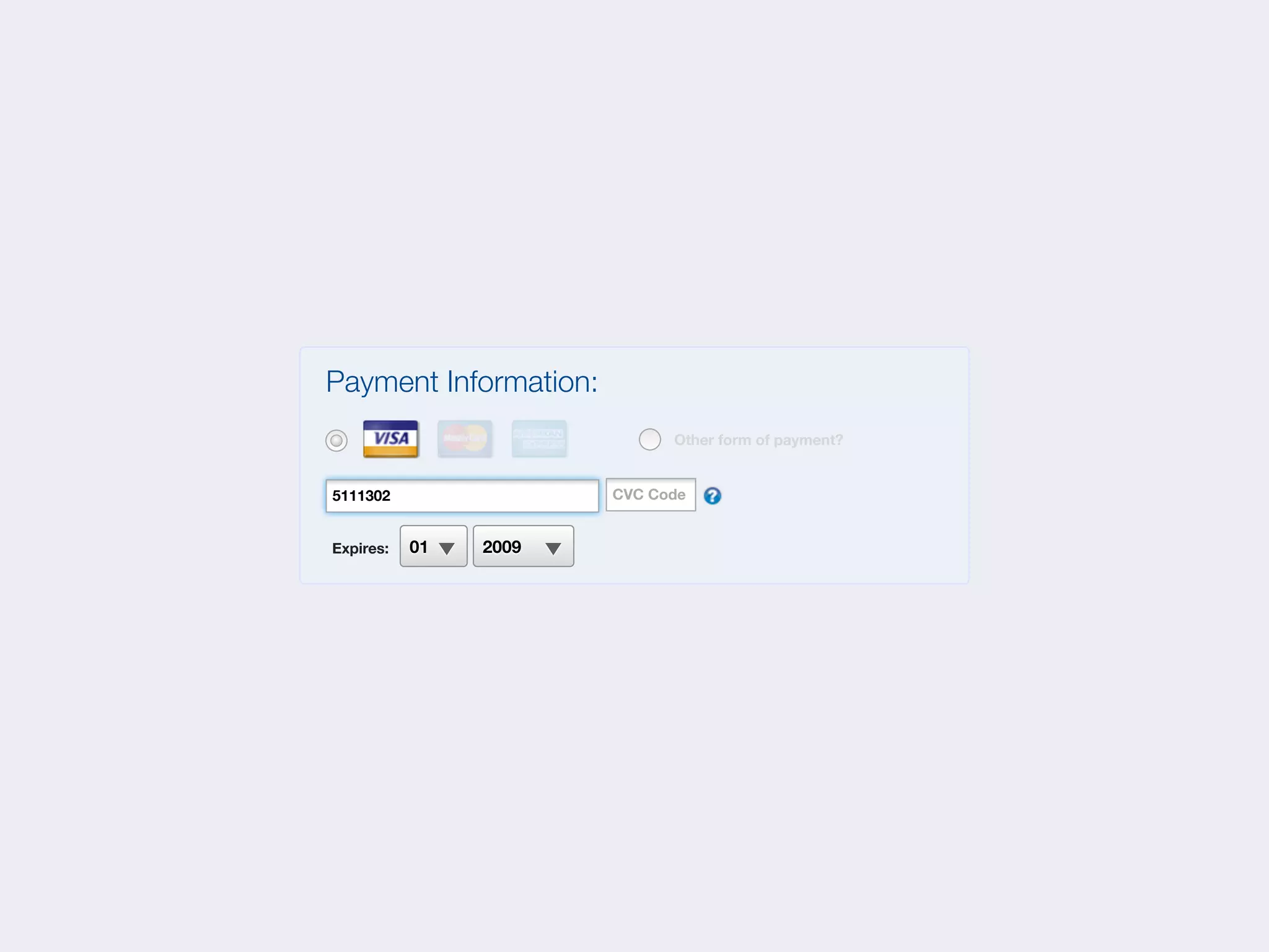 Payment Information:
                             Other form of payment?


5111302                CVC Code


Expires:   01   2009
 