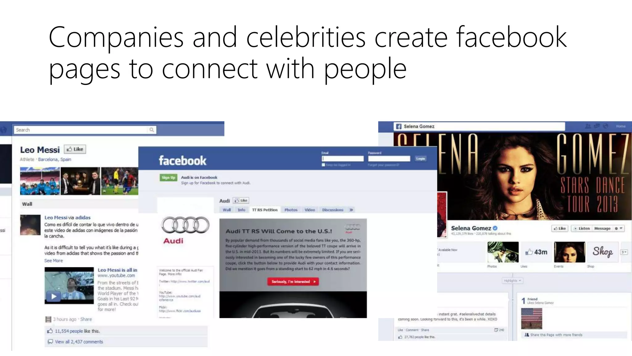 Companies and celebrities create facebook
pages to connect with people
 