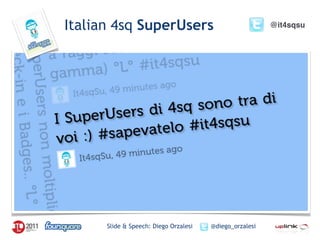 Italian 4sq SuperUsers                                   @it4sqsu




      Slide & Speech: Diego Orzalesi   @diego_orzalesi
 