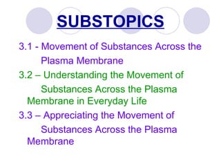 SUBSTOPICS
3.1 - Movement of Substances Across the
      Plasma Membrane
3.2 – Understanding the Movement of
      Substances Across the Plasma
  Membrane in Everyday Life
3.3 – Appreciating the Movement of
      Substances Across the Plasma
  Membrane
 