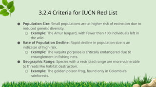 3.2.4 ​
Criteria for IUCN Red List
● Population Size: Small populations are at higher risk of extinction due to
reduced genetic diversity.
○ Example: The Amur leopard, with fewer than 100 individuals left in
the wild.
● Rate of Population Decline: Rapid decline in population size is an
indicator of high risk.
○ Example: The vaquita porpoise is critically endangered due to
entanglement in fishing nets.
● Geographic Range: Species with a restricted range are more vulnerable
to threats like habitat destruction.
○ Example: The golden poison frog, found only in Colombia’s
rainforests.
 