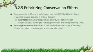 3.2.5 ​
Prioritizing Conservation Efforts
● Governments, NGOs, and individuals use the IUCN Red List to direct
resources toward species in critical danger.
○ Example: The Amur leopard is a priority for conservation
organizations, leading to habitat protection and anti-poaching laws.
● Guiding Resource Allocation: Funds and efforts are more effectively
distributed when species most at risk are identified.
 