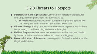3.2.8 ​
Threats to Hotspots
● Deforestation and Agriculture: Conversion of forests to agricultural
land (e.g., palm oil plantations in Southeast Asia).
○ Example: Habitat destruction in Sundaland is pushing species like
the orangutan and Sumatran tiger toward extinction.
● Climate Change: Rising temperatures threaten ecosystems within these
hotspots (e.g., coral bleaching in the Coral Triangle).
● Habitat Fragmentation: occurs when continuous habitats are divided
by human activities such as road construction and logging
● Overexploitation of Resources: overexploited for food, medicine, or the
illegal wildlife trade
 