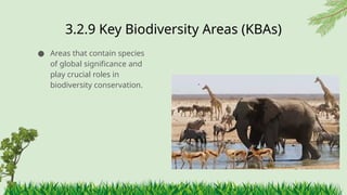 3.2.9 ​
Key Biodiversity Areas (KBAs)
● Areas that contain species
of global significance and
play crucial roles in
biodiversity conservation.
 
