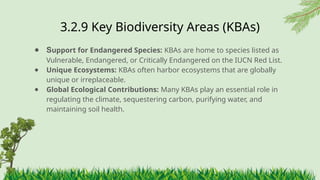 3.2.9 ​
Key Biodiversity Areas (KBAs)
● Support for Endangered Species: KBAs are home to species listed as
Vulnerable, Endangered, or Critically Endangered on the IUCN Red List.
● Unique Ecosystems: KBAs often harbor ecosystems that are globally
unique or irreplaceable.
● Global Ecological Contributions: Many KBAs play an essential role in
regulating the climate, sequestering carbon, purifying water, and
maintaining soil health.
 