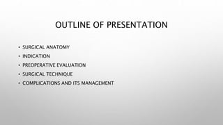 OUTLINE OF PRESENTATION
• SURGICAL ANATOMY
• INDICATION
• PREOPERATIVE EVALUATION
• SURGICAL TECHNIQUE
• COMPLICATIONS AND ITS MANAGEMENT
 