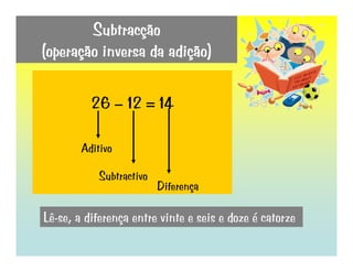 Subtracção
(operação inversa da adição)
26 – 12 = 14
Aditivo
Subtractivo
Diferença
Lê-se, a diferença entre vinte e seis e doze é catorze
 