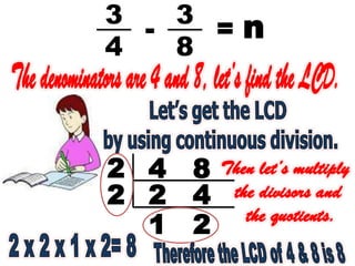 3
4
3
8
- = n
4 8
2 4
2
2
1 2
 