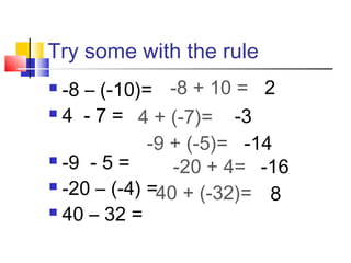 Try some with the rule
 -8 – (-10)=
 4 - 7 =
 -9 - 5 =
 -20 – (-4) =
 40 – 32 =
-8 + 10 =
4 + (-7)=
-9 + (-5)=
-20 + 4=
40 + (-32)=
2
-3
-14
-16
8
 