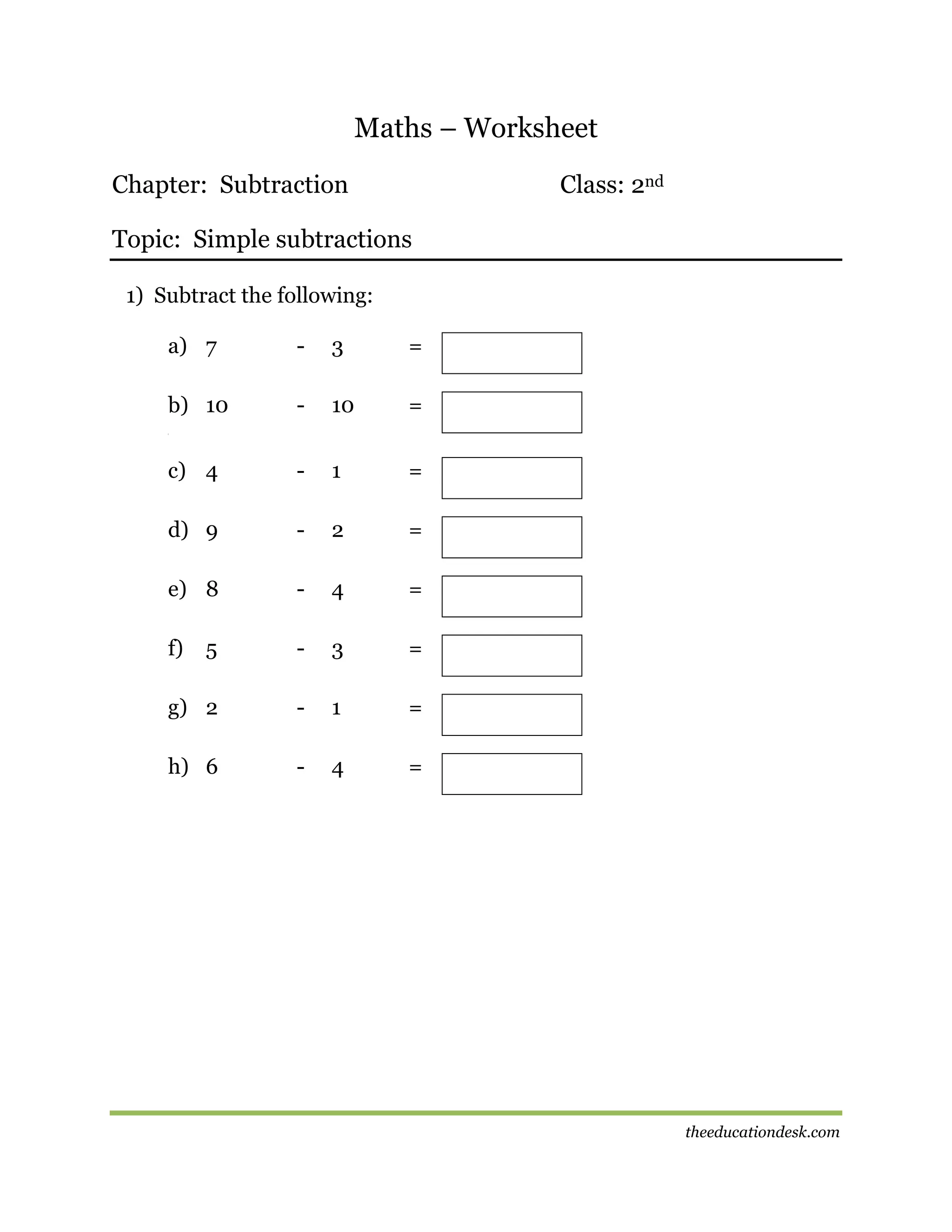 Maths – Worksheet
Chapter: Subtraction

Class: 2nd

Topic: Simple subtractions
1) Subtract the following:
a) 7

-

3

=

b) 10

-

10

=

c) 4

-

1

=

d) 9

-

2

=

e) 8

-

4

=

f)

5

-

3

=

g) 2

-

1

=

h) 6

-

4

=

[

theeducationdesk.com

 