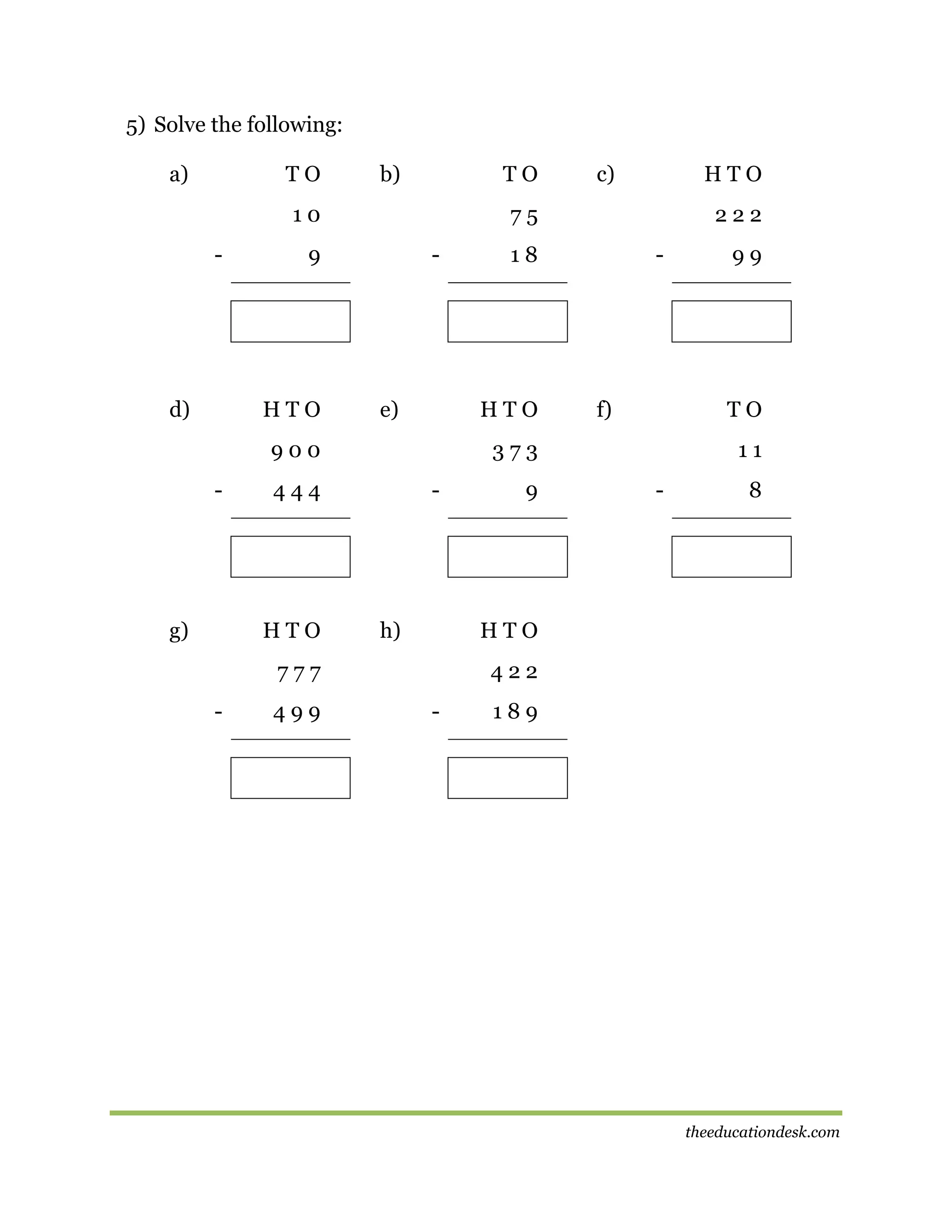 5) Solve the following:
a)

TO

b)

TO

10
-

d)

-

e)

g)

-

h)

499

f)

9

99

TO
11
-

8

HTO

777
-

-

373

444

HTO

222

18

HTO

900
-

HTO

75

9

HTO

c)

422
-

189

theeducationdesk.com

 