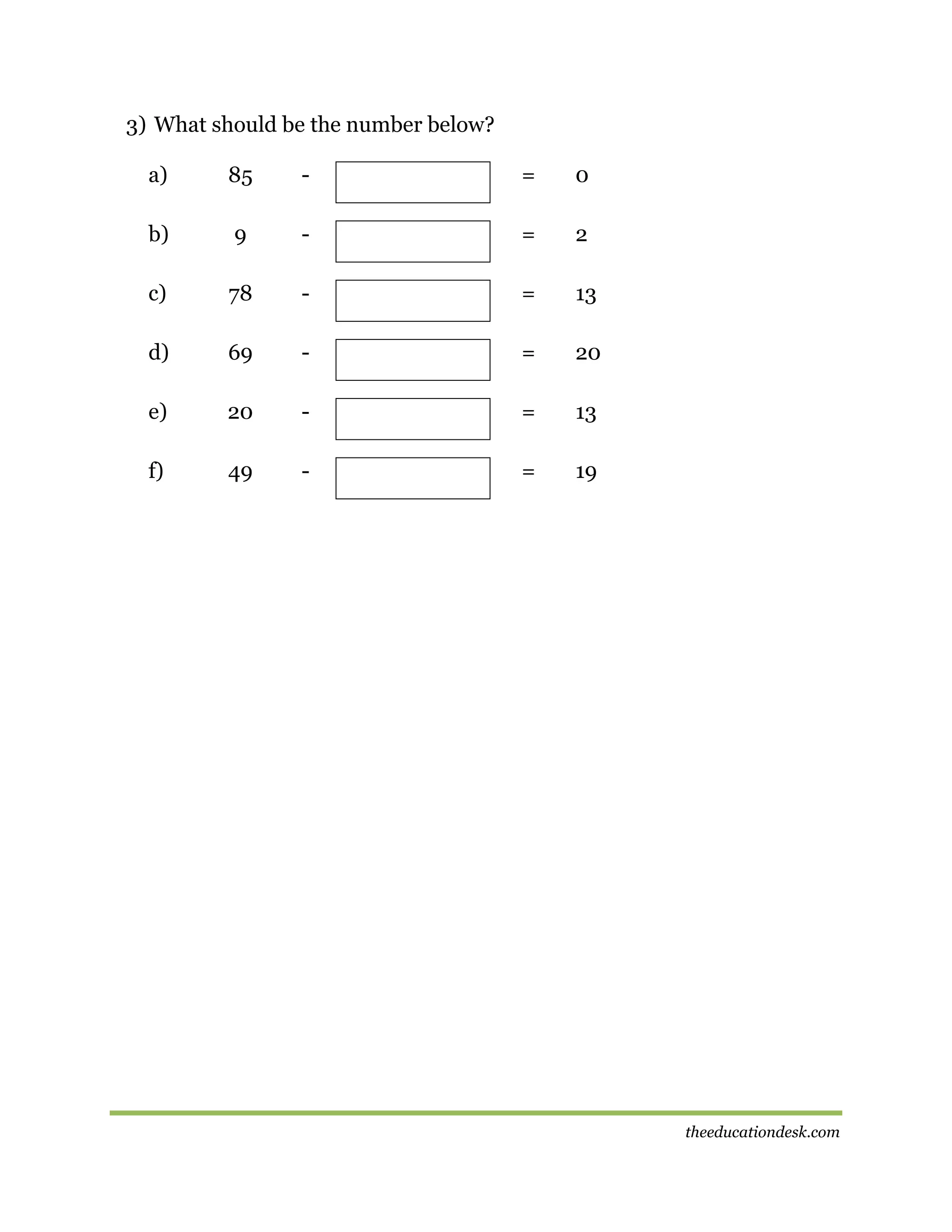 3) What should be the number below?
a)

85

-

=

0

b)

9

-

=

2

c)

78

-

=

13

d)

69

-

=

20

e)

20

-

=

13

f)

49

-

=

19

theeducationdesk.com

 