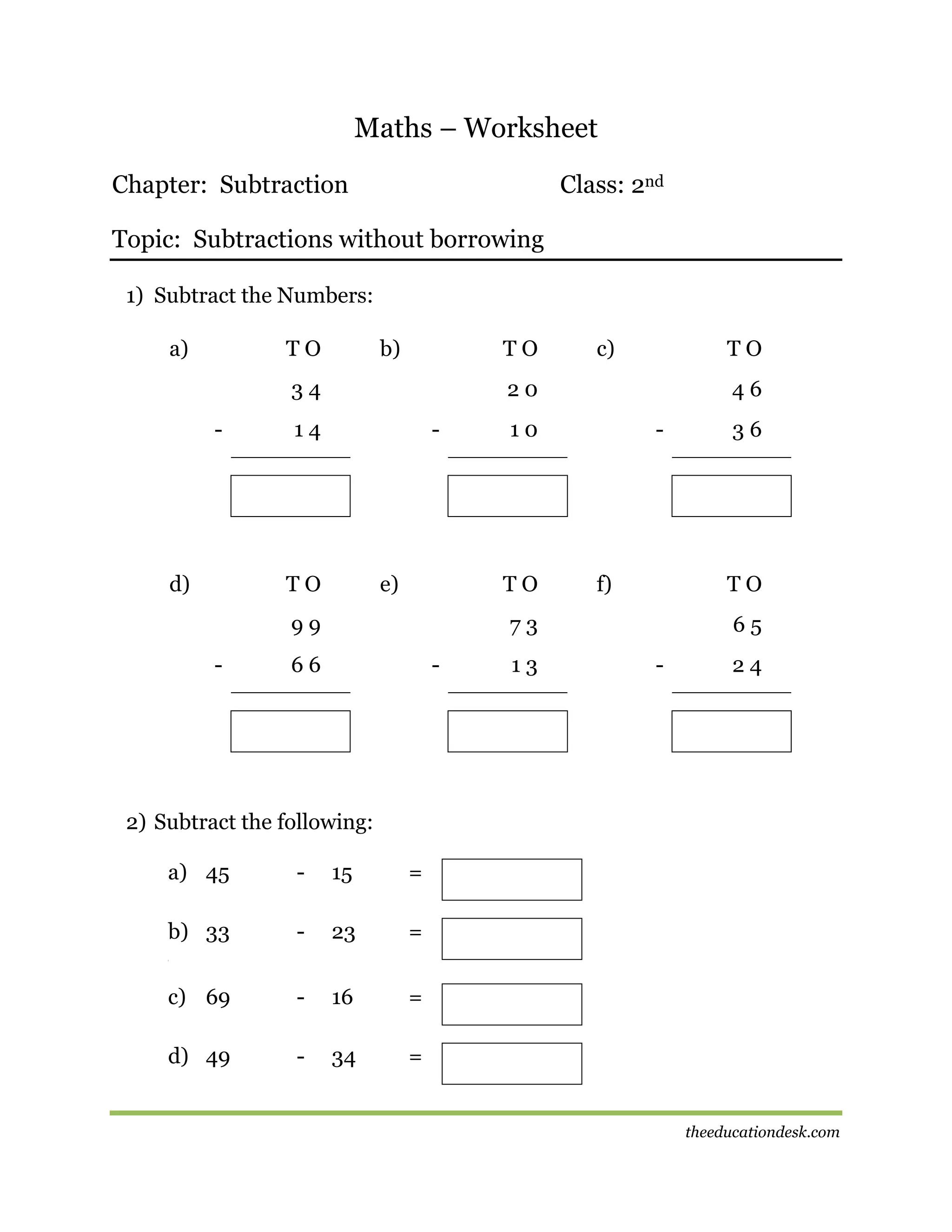Maths – Worksheet
Chapter: Subtraction

Class: 2nd

Topic: Subtractions without borrowing
1) Subtract the Numbers:
a)

TO

b)

TO

34
-

d)

TO

20

14

-

TO

e)

46

10

TO

99
-

c)

-

f)

TO

73

66

-

13

36

65
-

24

2) Subtract the following:
a) 45

-

15

=

b) 33

-

23

=

c) 69

-

16

=

d) 49

-

34

=

[

theeducationdesk.com

 
