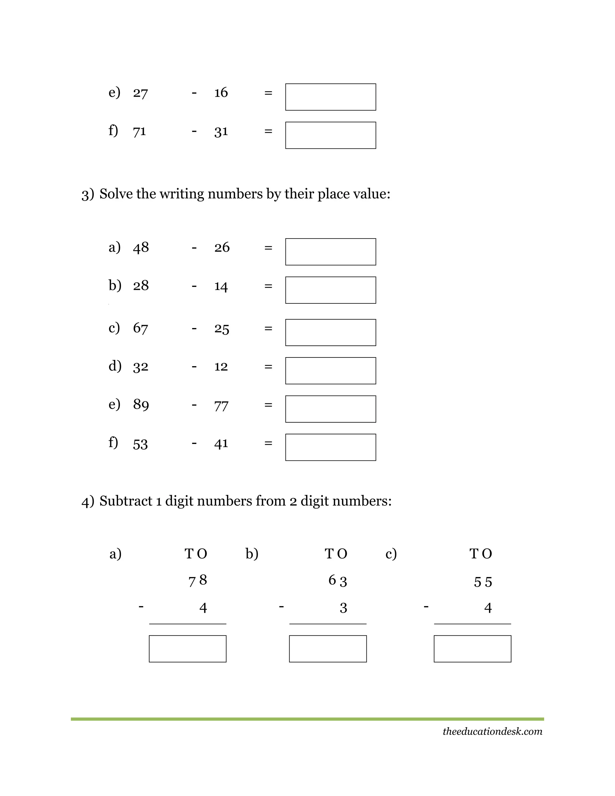 e) 27

-

16

=

f)

-

31

=

71

3) Solve the writing numbers by their place value:

a) 48

-

26

=

b) 28

-

14

=

c) 67

-

25

=

d) 32

-

12

=

e) 89

-

77

=

f)

-

41

=

[

53

4) Subtract 1 digit numbers from 2 digit numbers:

a)

TO

b)

TO

78
-

4

c)

TO

63
-

3

55
-

4

theeducationdesk.com

 