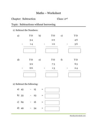 Maths – Worksheet
Chapter: Subtraction

Class: 2nd

Topic: Subtractions without borrowing
1) Subtract the Numbers:
a)

TO

b)

TO

34
-

d)

TO

20

14

-

TO

e)

46

10

TO

99
-

c)

-

f)

TO

73

66

-

13

36

65
-

24

2) Subtract the following:
a) 45

-

15

=

b) 33

-

23

=

c) 69

-

16

=

d) 49

-

34

=

[

theeducationdesk.com

 