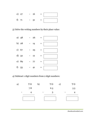 e) 27

-

16

=

f)

-

31

=

71

3) Solve the writing numbers by their place value:

a) 48

-

26

=

b) 28

-

14

=

c) 67

-

25

=

d) 32

-

12

=

e) 89

-

77

=

f)

-

41

=

[

53

4) Subtract 1 digit numbers from 2 digit numbers:

a)

TO

b)

TO

78
-

4

c)

TO

63
-

3

55
-

4

theeducationdesk.com

 