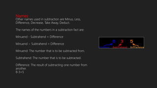Names
Other names used in subtraction are Minus, Less,
Difference, Decrease, Take Away, Deduct.
The names of the numbers in a subtraction fact are:
Minuend - Subtrahend = Difference
Minuend − Subtrahend = Difference
Minuend: The number that is to be subtracted from.
Subtrahend: The number that is to be subtracted.
Difference: The result of subtracting one number from
another.
8-3=5
 