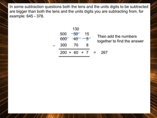 In some subtraction questions both the tens and the units digits to be subtracted
are bigger than both the tens and the units digits you are subtracting from, for
example: 645 - 378.

500
600
_

130
30
40

15
5

300

70

8

200 + 60 + 7

Then add the numbers
together to find the answer
=

267

 
