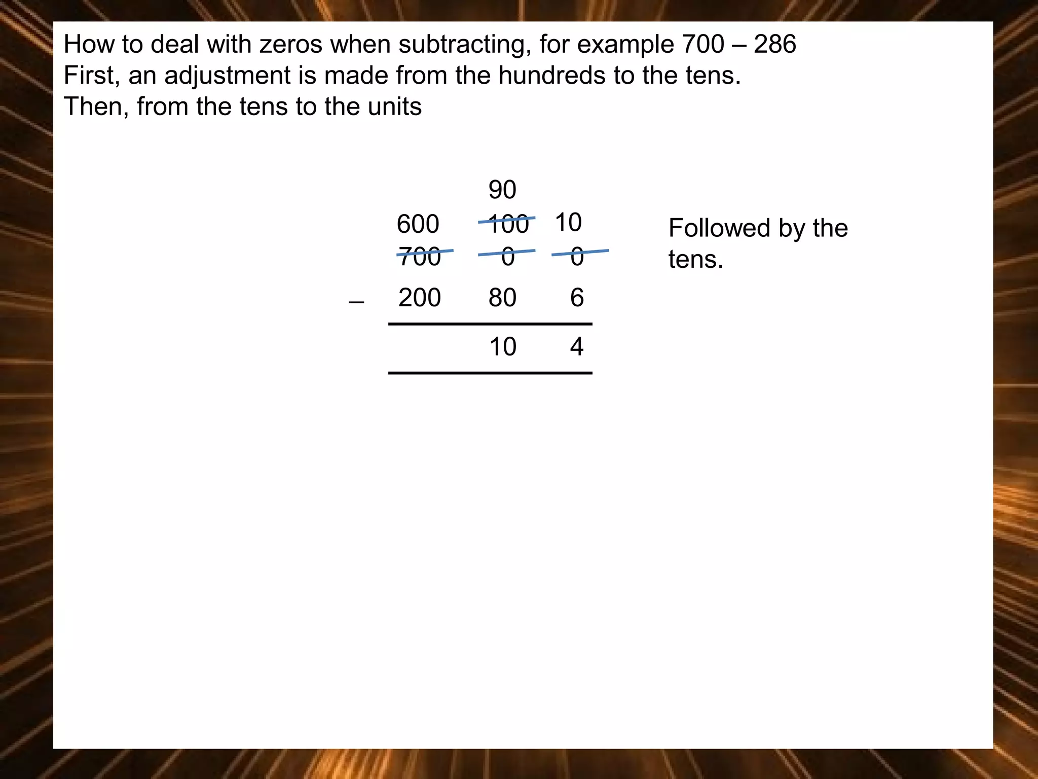 How to deal with zeros when subtracting, for example 700 – 286
First, an adjustment is made from the hundreds to the tens.
Then, from the tens to the units

600
700
_

90
100 10
0
0

200

80

6

10

4

Followed by the
tens.

 