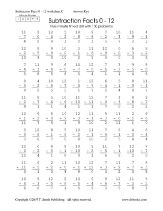 Subtraction Facts 0 – 12 worksheet C       Answer Key
   Minute Marker

                         Subtraction Facts 0 - 12
 1 2 3 4 5
                          Five minute timed drill with 100 problems
   11          2       12          5        10         9      7        10       11        4
  - 7        - 0      - 4        - 2       - 8       - 6    - 2       - 3      - 9      - 1
    4          2        8          3         2         3      5         7        2        3
   12          8        9         10         3        11     12         0        6        8
  - 2        - 5      - 9        - 0       - 1       - 6    - 9       - 0      - 3      - 2
   10          3        0         10         2         5      3         0        3        6
    7         11        9          6        10        12      7         3        9        5
  - 4        - 3      - 4        - 0       - 7       - 8    - 6       - 2      - 5      - 0
    3          8        5          6         3         4      1         1        4        5
    9          4       10         12         1        12      6         5        8       11
  - 0        - 2      - 5        - 7       - 0       - 5    - 4       - 1      - 0      - 4
    9          2        5          5         1         7      2         4        8        7
   11          8        5         10   11   12                7         3        8        9
  - 2        - 7      - 4        - 6 - 10 - 11              - 0       - 3      - 6      - 7
    9          1        1          4    1    1                7         0        2        2
   12          9        5         10        12        11      5        11        2        6
  - 1        - 2      - 0        - 9       - 3       - 1    - 3       - 0      - 1      - 6
   11          7        5          1         9        10      2        11        1        0
    3         12        8          5        10        11      7         6        4        8
  - 0        - 6      - 1        - 5       - 2       - 1    - 5       - 1      - 0      - 4
    3          6        7          0         8        10      2         5        4        4
   12          6        4          9   10              9     11         7       12        7
  - 0        - 2      - 3        - 1 - 10            - 8    - 5       - 1      -10      - 7
   12          4        1          8    0              1      6         6        2        0
  11           6        2         11        10   12           7        11        7        8
- 11         - 5      - 2        - 8       - 1 - 12         - 3       - 9      - 7      - 3
   0           1        0          3         9    0           4         2        0        5
   10          9       12          9        10         6      9        12       11        5
  - 4        - 3      - 5        - 8       - 5       - 4    - 6       - 7      - 3      - 2
    6          6        7          1         5         2      3         5        8        3

Copyright ©2007 T. Smith Publishing. All rights reserved.                   www.tlsbooks.com
 