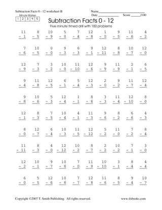 subtraction fluency drill math facts