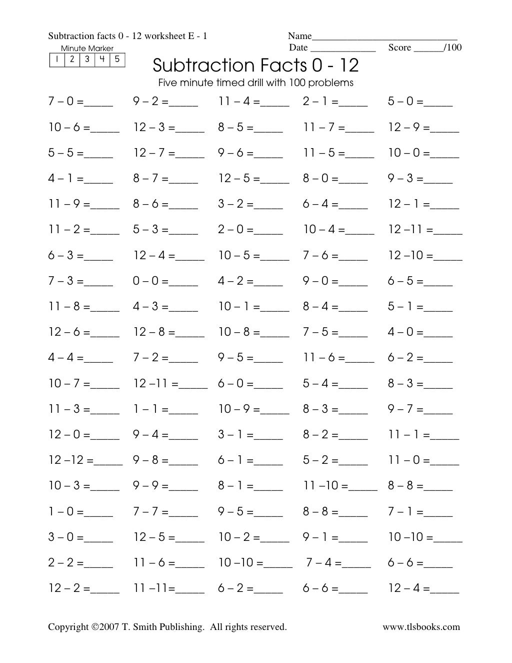 Subtraction fluency drill math facts