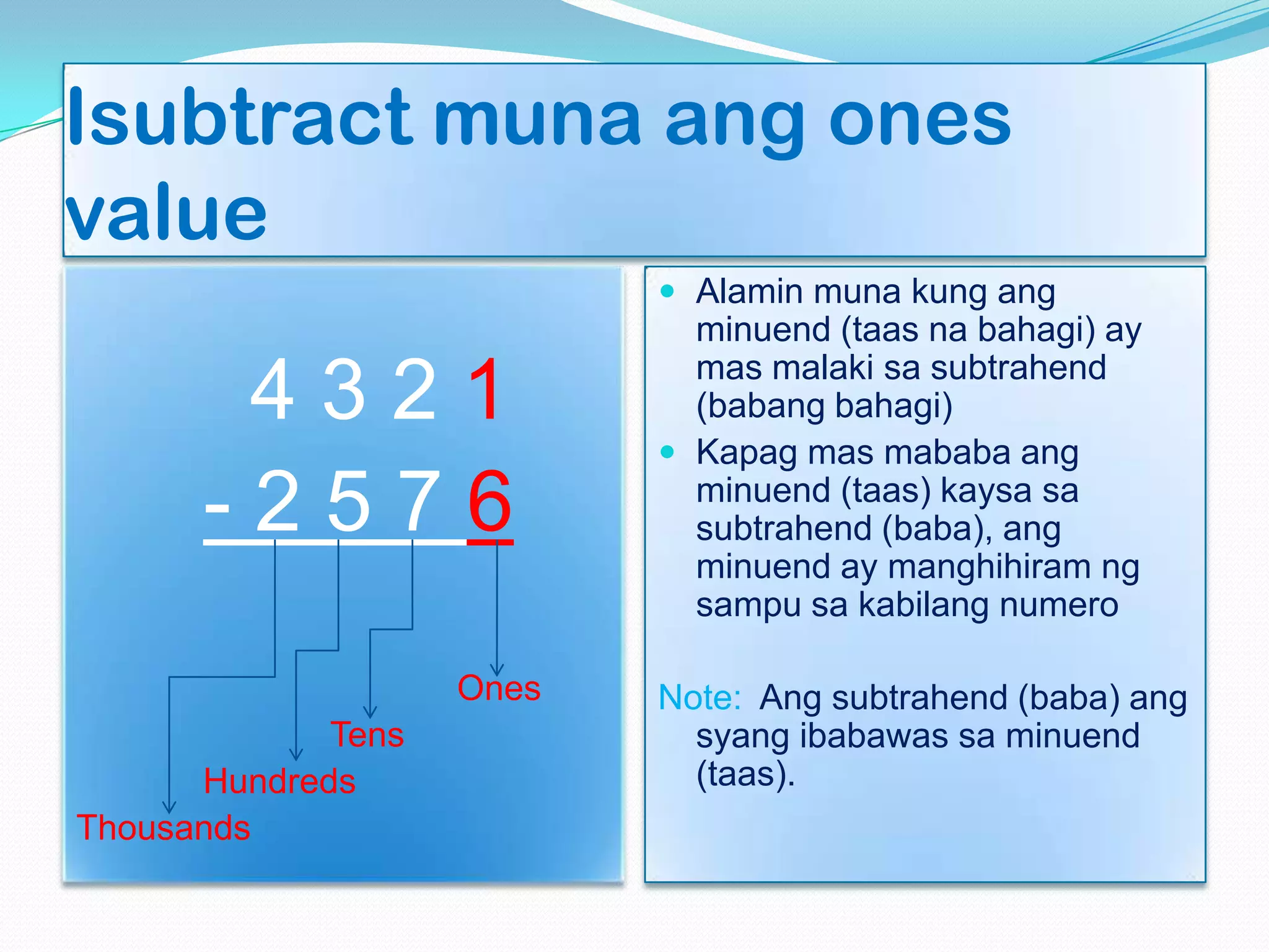 Isubtract muna ang ones
value
4 3 2 1
- 2 5 7 6
Ones
Tens
Hundreds
Thousands
 Alamin muna kung ang
minuend (taas na bahagi) ay
mas malaki sa subtrahend
(babang bahagi)
 Kapag mas mababa ang
minuend (taas) kaysa sa
subtrahend (baba), ang
minuend ay manghihiram ng
sampu sa kabilang numero
Note: Ang subtrahend (baba) ang
syang ibabawas sa minuend
(taas).
 
