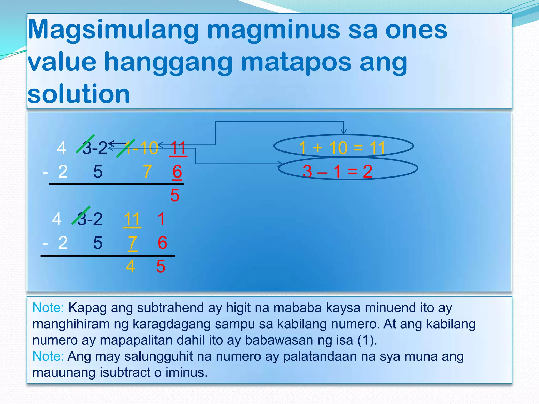 Magsimulang magminus sa ones
value hanggang matapos ang
solution
4 3-2 1-10 11 1 + 10 = 11
- 2 5 7 6 3 – 1 = 2
5
4 3-2 11 1
- 2 5 7 6
4 5
Note: Kapag ang subtrahend ay higit na mababa kaysa minuend ito ay
manghihiram ng karagdagang sampu sa kabilang numero. At ang kabilang
numero ay mapapalitan dahil ito ay babawasan ng isa (1).
Note: Ang may salungguhit na numero ay palatandaan na sya muna ang
mauunang isubtract o iminus.
 