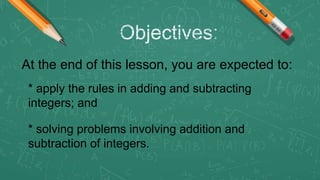At the end of this lesson, you are expected to:
* apply the rules in adding and subtracting
integers; and
* solving problems involving addition and
subtraction of integers.
 