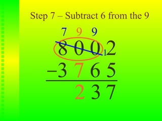 Step 7 – Subtract 6 from the 9
       7 9 9
      8 0 0 12
      3765
        2 37
 