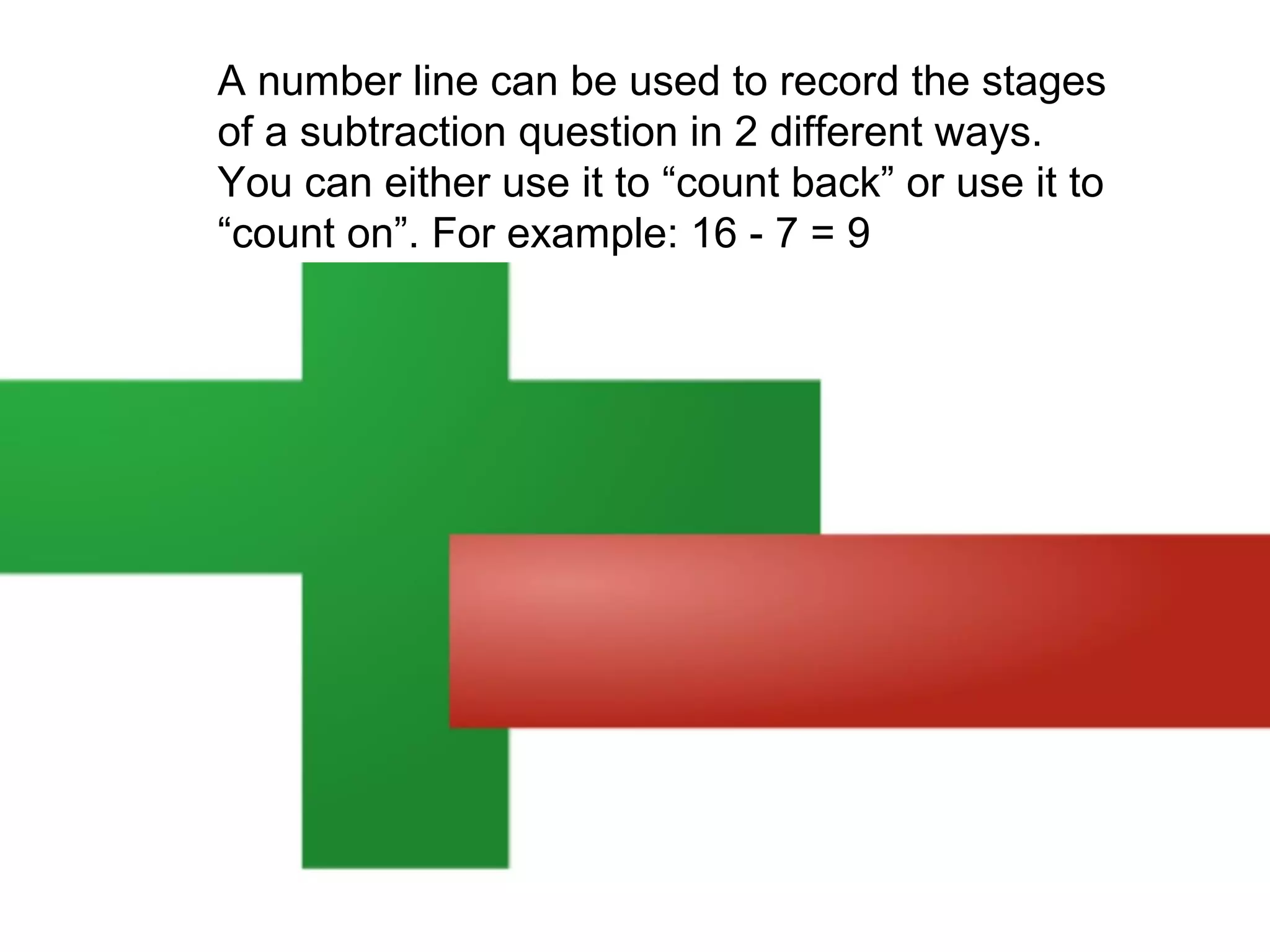 A number line can be used to record the stages
of a subtraction question in 2 different ways.
You can either use it to “count back” or use it to
“count on”. For example: 16 - 7 = 9

 