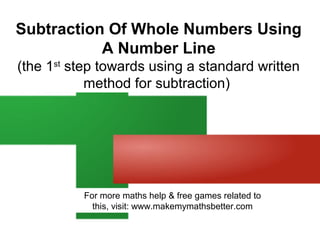 Subtraction Of Whole Numbers Using
A Number Line
(the 1st step towards using a standard written
method for subtraction)

For more maths help & free games related to
this, visit: www.makemymathsbetter.com

 