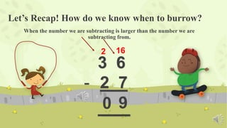 Let’s Recap! How do we know when to burrow?
When the number we are subtracting is larger than the number we are
subtracting from.
3 6
- 2 7
___
2 16
90
 