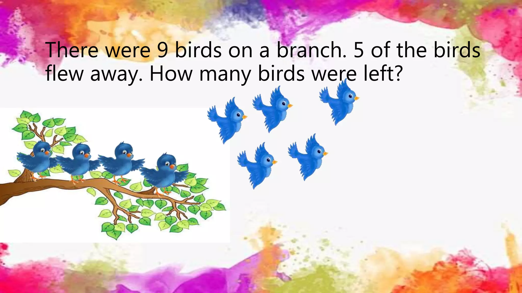 There were 9 birds on a branch. 5 of the birds
flew away. How many birds were left?