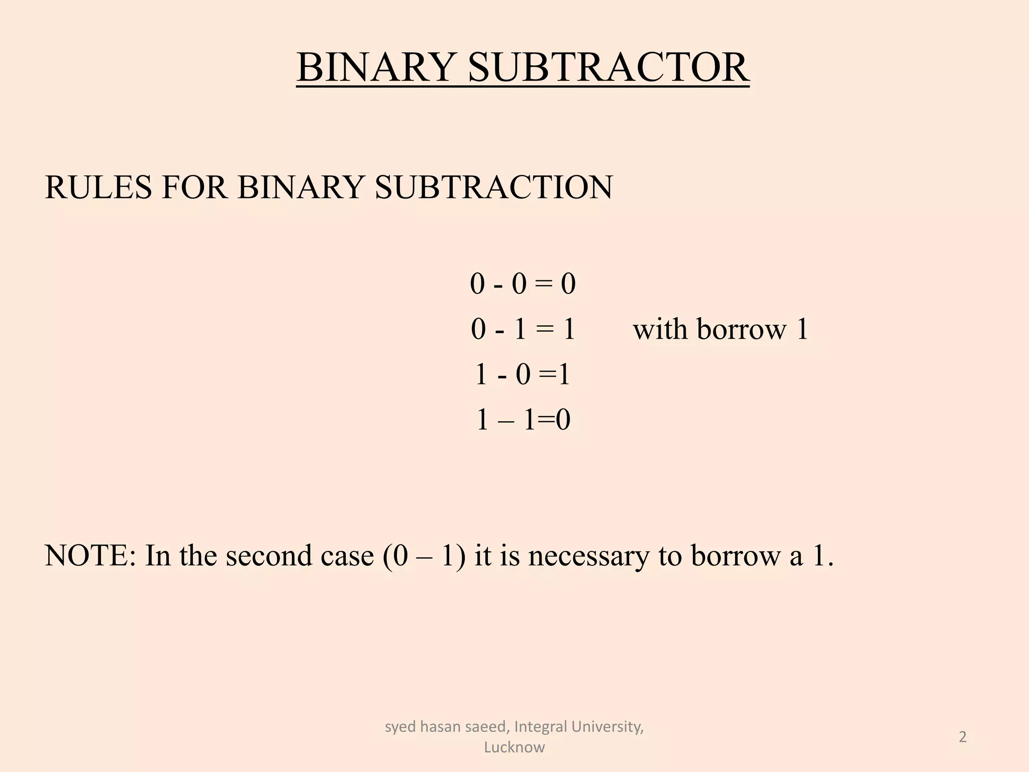 BINARY SUBTRACTOR
RULES FOR BINARY SUBTRACTION
0 - 0 = 0
0 - 1 = 1 with borrow 1
1 - 0 =1
1 – 1=0
NOTE: In the second case (0 – 1) it is necessary to borrow a 1.
2
syed hasan saeed, Integral University,
Lucknow
 