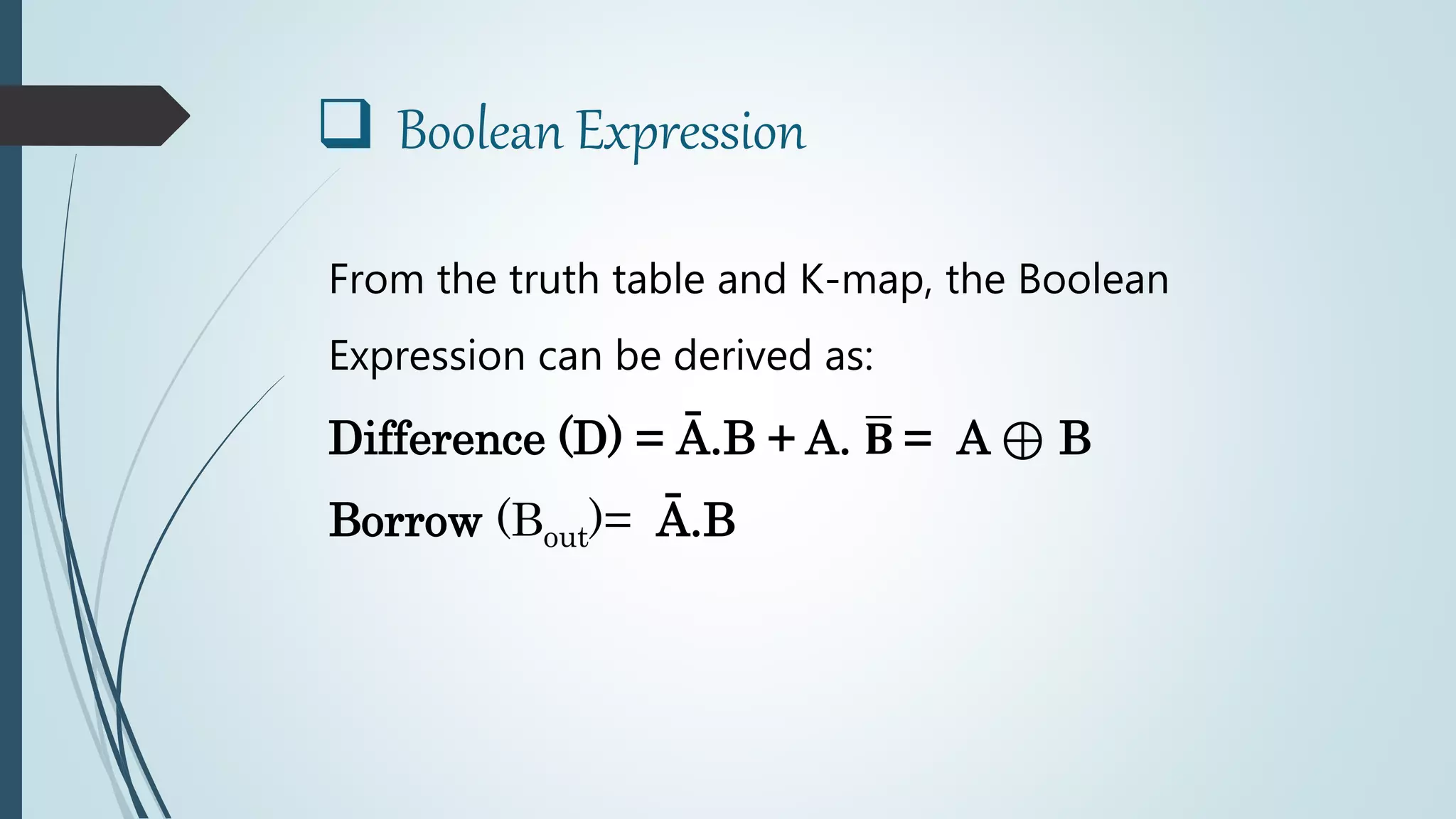  Boolean Expression
From the truth table and K-map, the Boolean
Expression can be derived as:
Difference (D) = Ā.B + A. 𝐁 = A ⊕ B
Borrow (Bout)= Ā.B
 