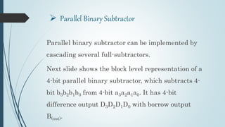  Parallel Binary Subtractor
Parallel binary subtractor can be implemented by
cascading several full-subtractors.
Next slide shows the block level representation of a
4-bit parallel binary subtractor, which subtracts 4-
bit b3b2b1b0 from 4-bit a3a2a1a0. It has 4-bit
difference output D3D2D1D0 with borrow output
B(out).
 