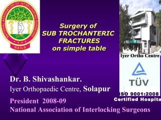 Surgery of
SUB TROCHANTERIC
FRACTURES
on simple table

Dr. B. Shivashankar.
Iyer Orthopaedic Centre, Solapur

ISO 9001:2008
Certified Hospita

President 2008-09
National Association of Interlocking Surgeons

 