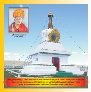 Ëóáñàí Íèìà Äàðìàåâ
(1946 - 1956)
XVII-äóãààð Áàíäèäà Õàìáà Ëàìà Ëóáñàí Íèìà Äàðìàåâàé ìýíäýëñýí ãàçàðòà áYòýýãäýñýí ñóáàðãàäàíü
íàðèí íÿãòààð ìYðãýõýäý, Yõýëýé ìYðäý (êîìà ìýòýäý) îðîîä áàéõàäàø, àìèäàðàëäà áóñàæà
åðýýä, ýðYYë ìýíäûí õYøý ýðõýòýé áîëíî (Äîîäî Áóðãàëòàé, Çýäûí àéìàã)
 