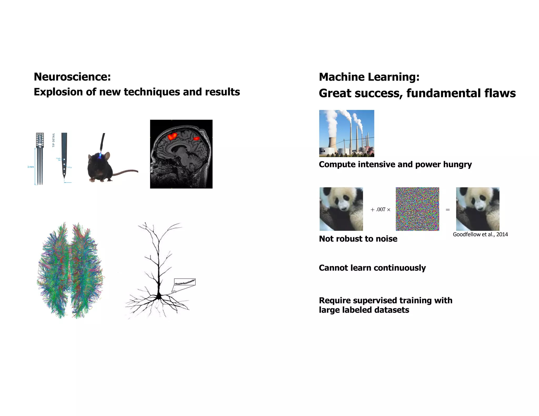 Neuroscience:
Explosion of new techniques and results
Machine Learning:
Great success, fundamental flaws
Compute intensive and power hungry
Goodfellow et al., 2014
Not robust to noise
Cannot learn continuously
Require supervised training with
large labeled datasets
 