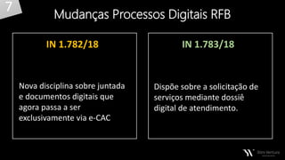 Mudanças Processos Digitais RFB
Nova disciplina sobre juntada
e documentos digitais que
agora passa a ser
exclusivamente via e-CAC
Dispõe sobre a solicitação de
serviços mediante dossiê
digital de atendimento.
IN 1.782/18 IN 1.783/18
7
 